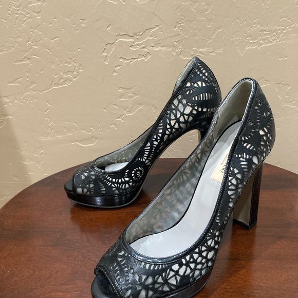 Valentino Garavani Peep Toe Laser Cut Mesh Pumps, Size 38/8, Black - Picture 3 of 13
